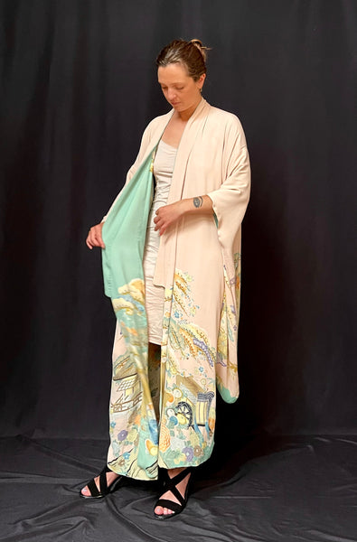 Hand Painted & Stencilled Reversible Silk Kimono Peppermint Green & Powder Pink: C1930 Japan