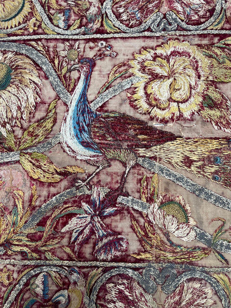 Early Silk and Metal Thread Embroidered Velvet Panel with Peacock and Flowers: C17th Italy or Spain