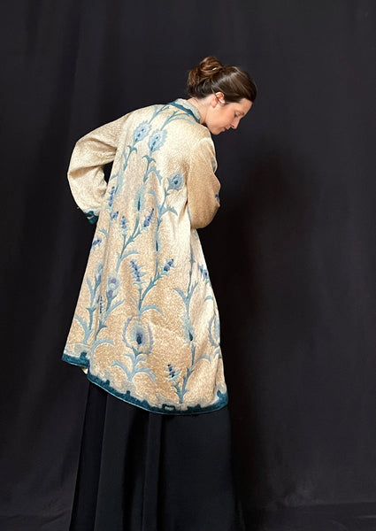 Art Deco Silk Embroidered Coat with Peacock Feathers: C1910 Britain