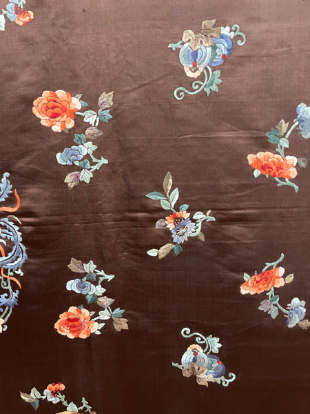 Fine Silk Embroidered Wallhanging with Symbolic Bats, Butterflies, Peonies: C19th China for export