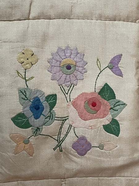 Pretty Handmade Silk Quilt with Appliquéd Floral Motifs: C1930 China for Export to Europe