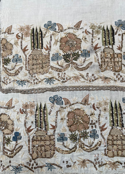 Pair Antique Ottoman Embroideries Silk and Metal Thread With Architectural & Garden Elements: C19th Turkey