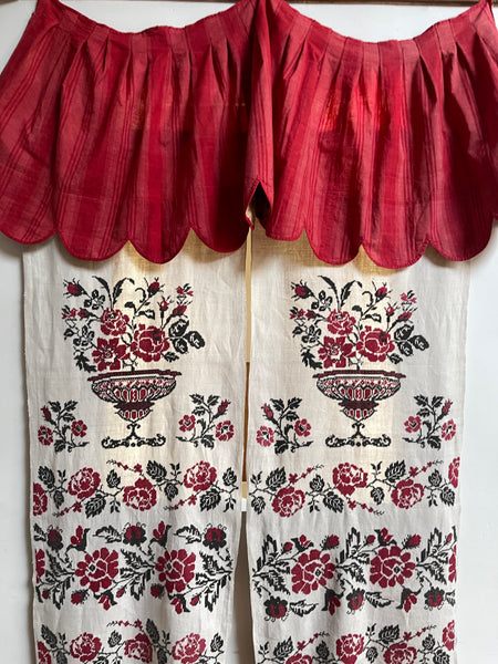 French Pink and Red Striped Ticking Pelmet with Chintz Border: C19th France