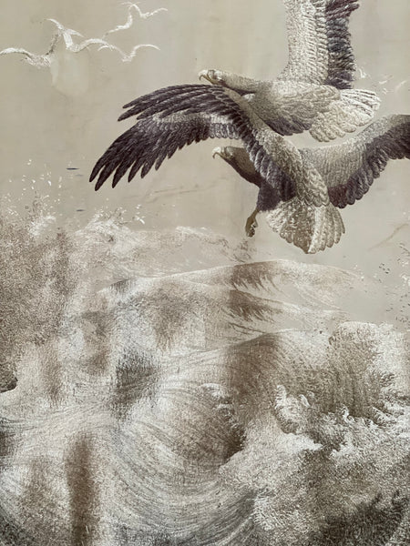 Museum Worthy Silk Embroidered Wallhanging with Waves Auspicious Sea Hawks: C19th Meiji Period, Japan.