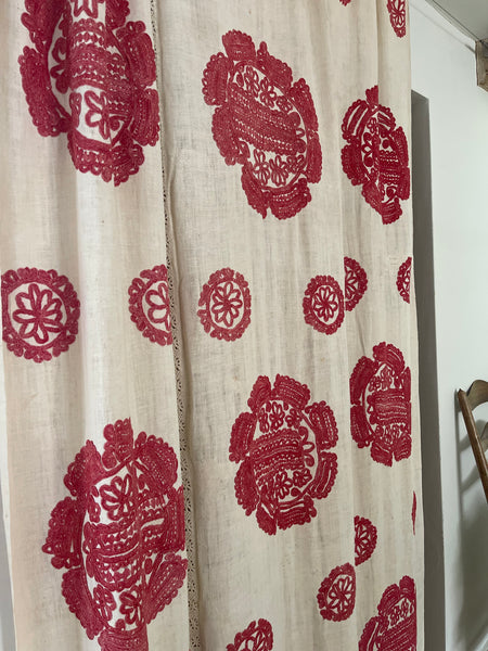 Antique Traditional Folk Embroidered Red and White Embroidered Linen Bedcover: C19th Hungary