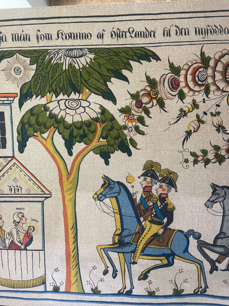 Large Swedish Folk Art Print Linen Wall Hanging: C1950s translation 19th Century Wall Paintings, Sweden