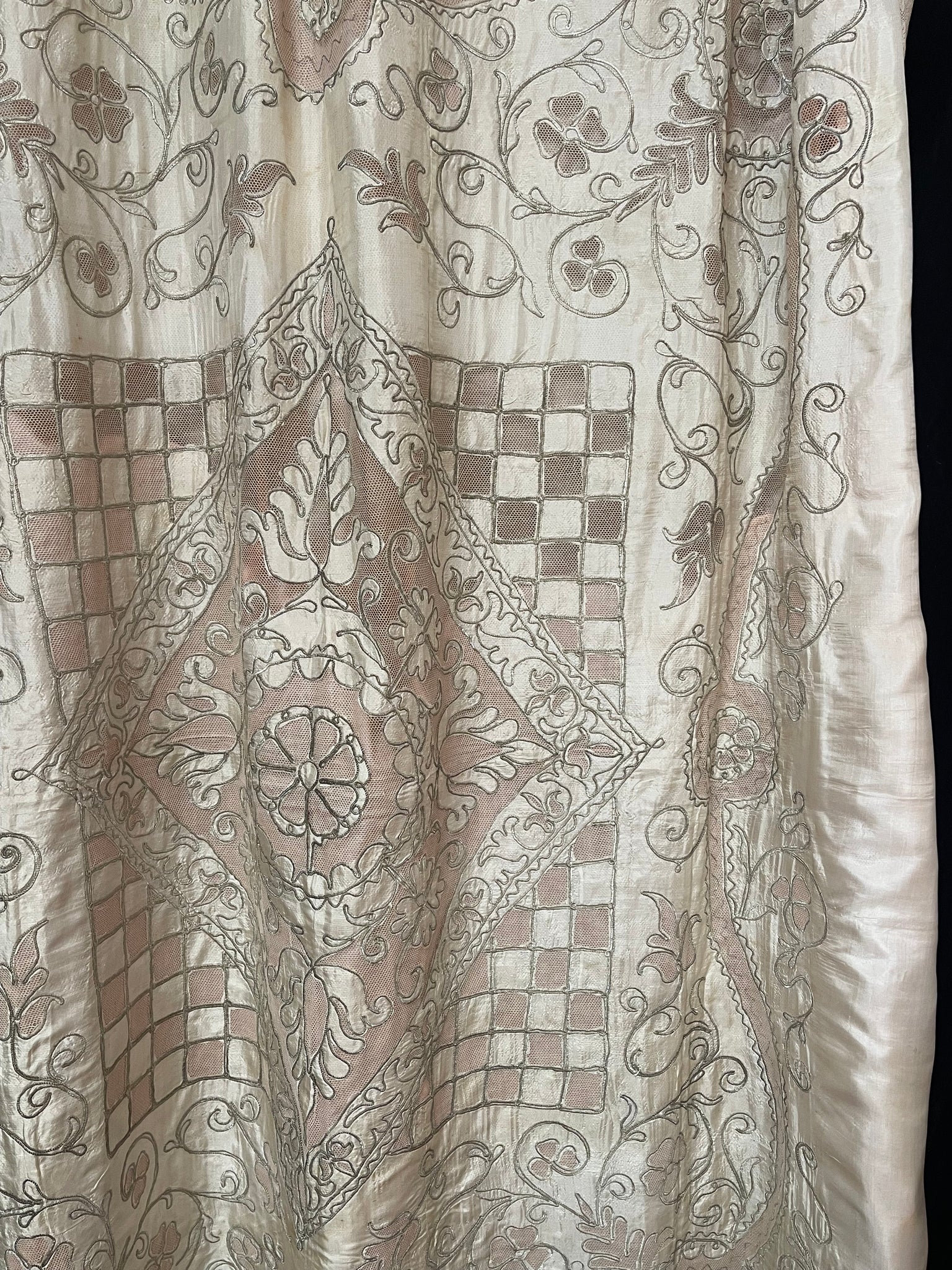 Ottoman Antique Silk Cutwork & Silver Thread Embroidered Bedcover: C1910 Turkey