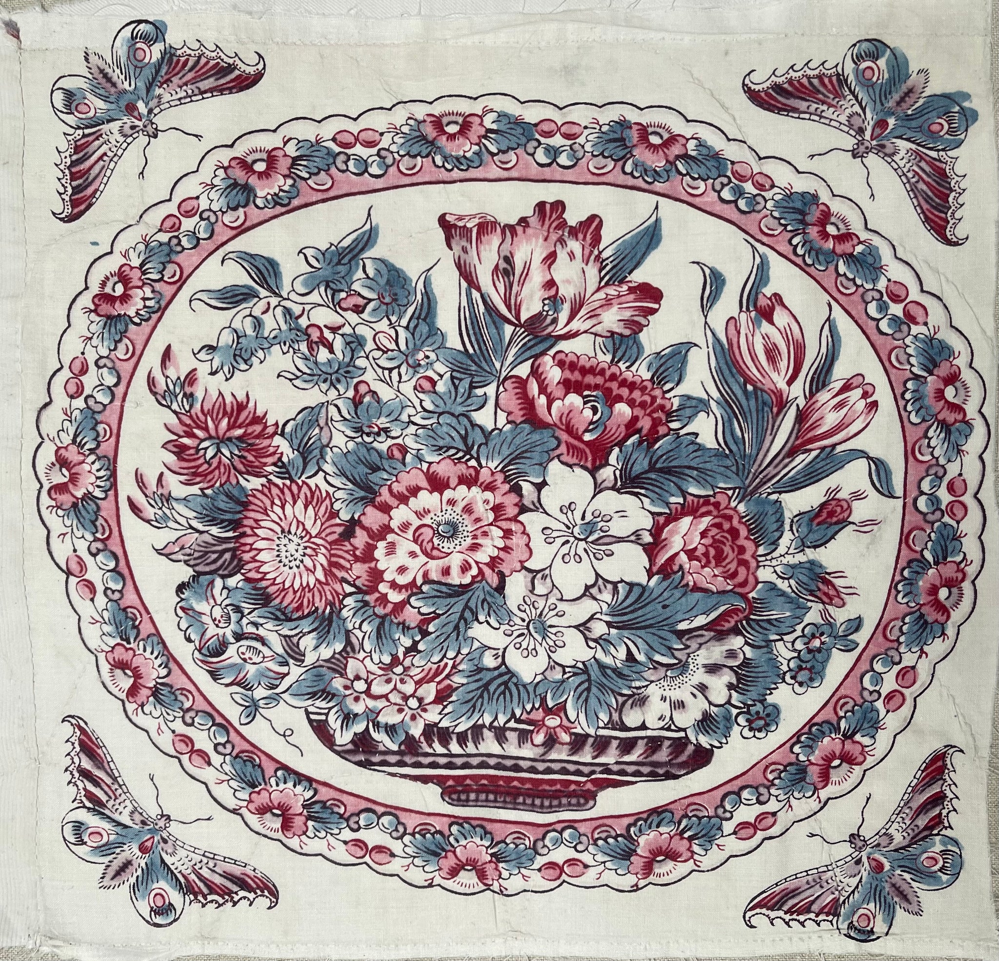 Antique Chintz Panel with Bowl Flowers & Butterflies: C19th France