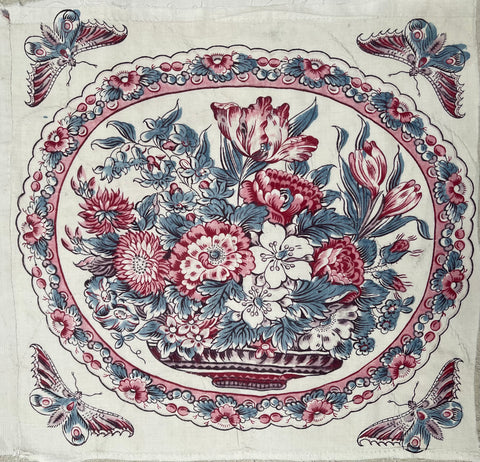 Antique Chintz Panel with Bowl Flowers & Butterflies: C19th France