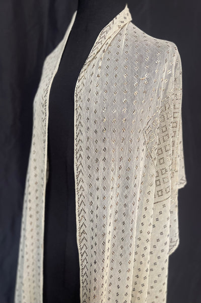 Art Deco Assuit Shawl Hand Embroidered White with Silver Metal Thread: C1920 Egypt