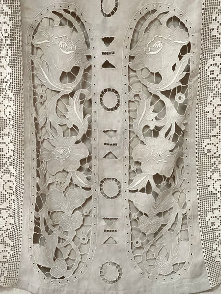 Antique Cutwork Embroidered Richelieu Lace Wallhanging Curtain Panel: C1900 - 1910 France