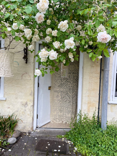Antique Bespoke Embroidered & Cutwork Linen Ceiling Lampshade: C19th France
