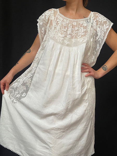 Fine Antique Filet Lace Embroidered Smocked Dress: C19th France