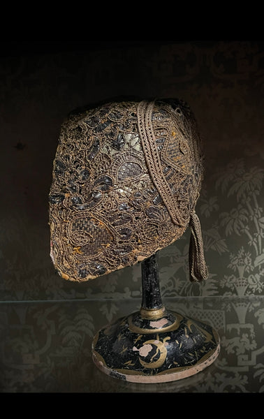 Antique Gilt Thread Embroidered Goldhaube Cap Traditional Costume: C18th Northern Germany