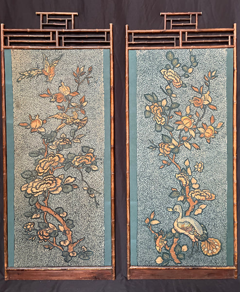 Arts and Crafts Crewelwork Embroidered Tree of Life Panel in Antique Japanese Bamboo Frame (1) : C1900 Britain