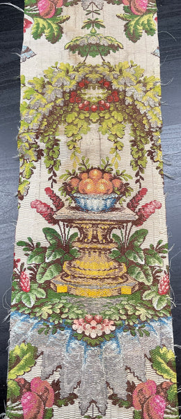 Antique Silk Brocade Panel with Urns & Fruit in Bower: C18th France
