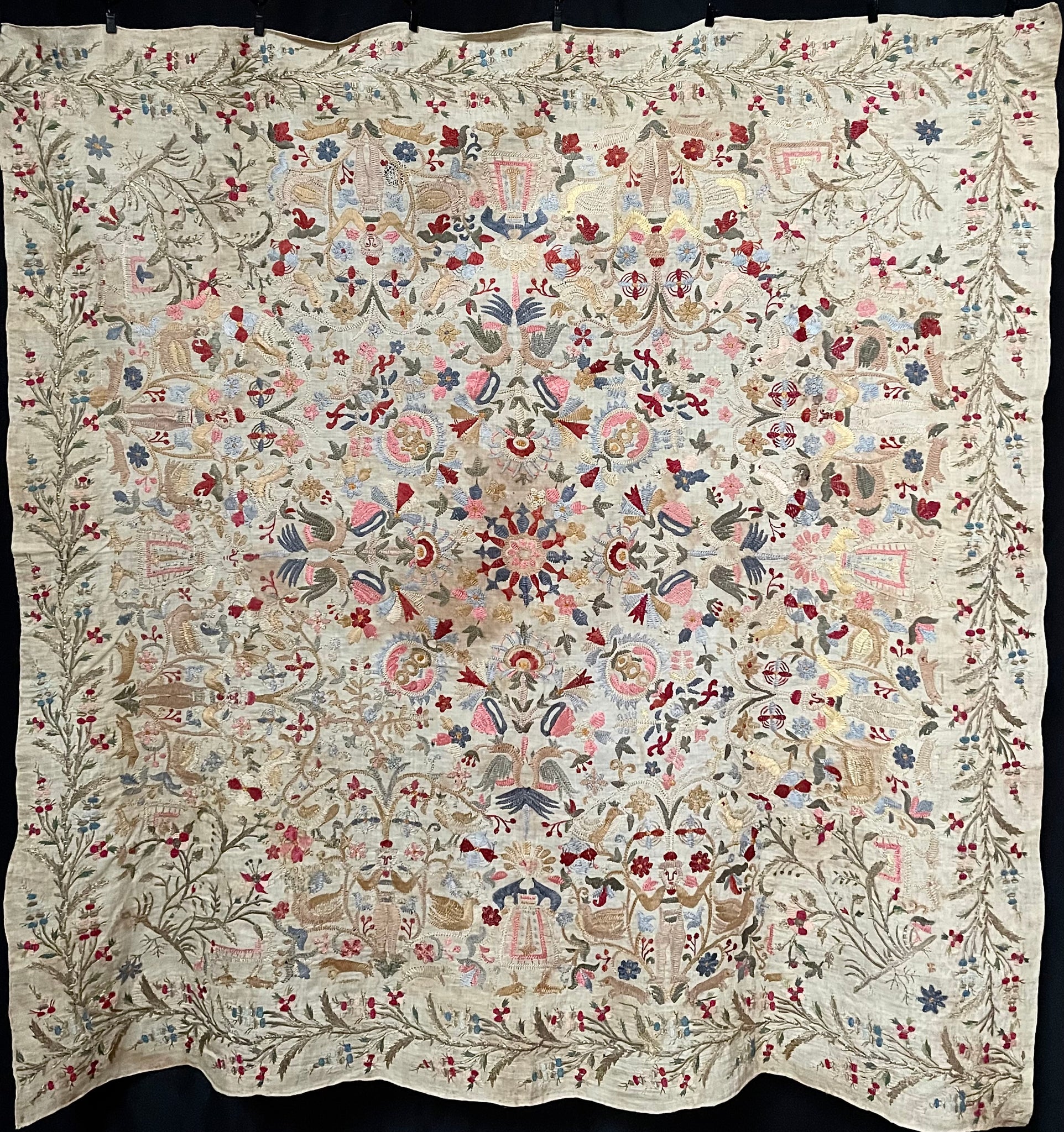 Antique Traditional Greek Island Embroidered Panel with Figures, Animals, Birds: C18th/19th Crete