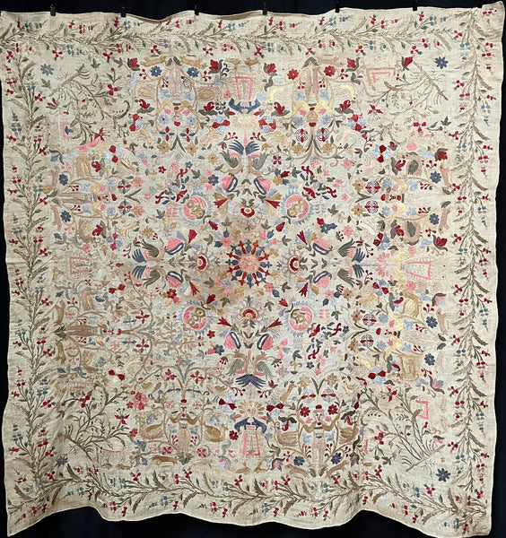 Antique Traditional Greek Island Embroidered Panel with Figures, Animals, Birds: C18th/19th Crete