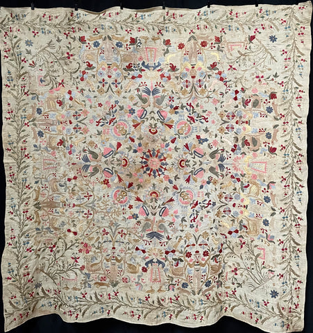 Antique Traditional Greek Island Embroidered Panel with Figures, Animals, Birds: C18th/19th Crete