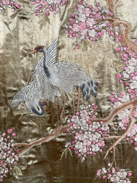 Antique Silk Embroidered Tapestry Wallhanging with Cherry Blossom & Storks: Japanese Meiji Period C19th Century. 223 x 175cm
