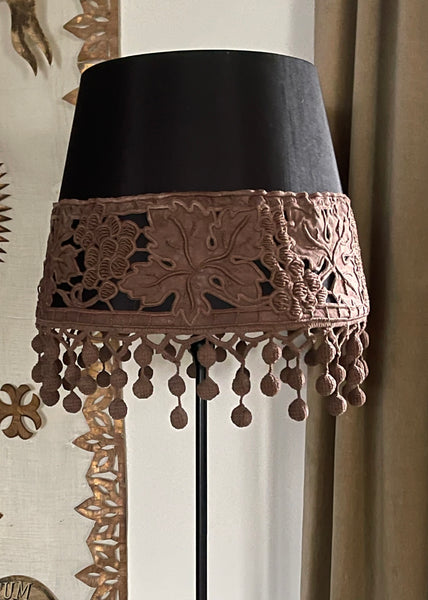 Bespoke Lampshade with Art Deco Cutwork Embroidered Border with Pom Pom Trim: C1920s France