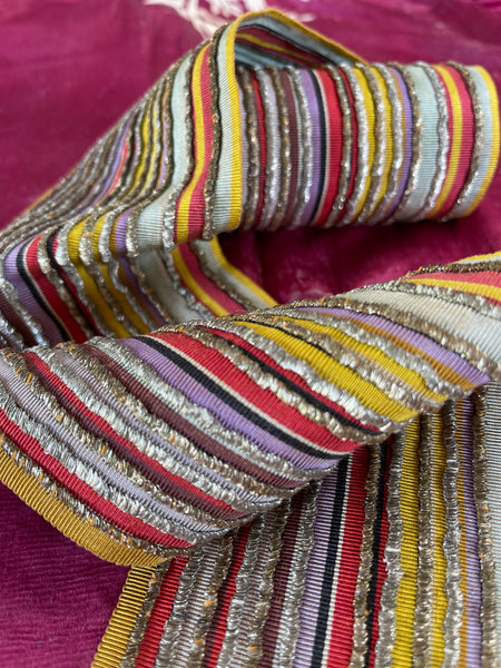 Antique Woven Silk Striped Sash Band with Silver Embroidery: C19th Morocco