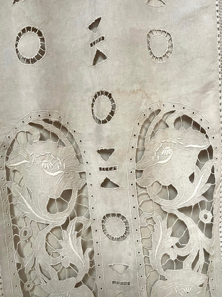 Antique Cutwork Embroidered Richelieu Lace Wallhanging Curtain Panel: C1900 - 1910 France
