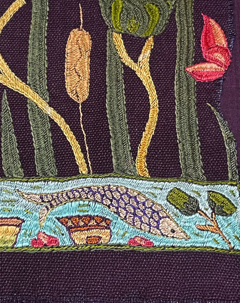 Antique Silk Embroidery with Houseboats, Birds and Florals: Late 19th, Srinagar, Kashmir, India