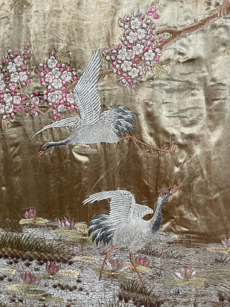 Antique Silk Embroidered Tapestry Wallhanging with Cherry Blossom & Storks: Japanese Meiji Period C19th Century. 223 x 175cm