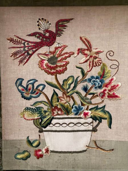 Charming Appliquéd Still Life with Early 18th Century Silk Embroidered Flowers, Bird and Fruit: C1910 English