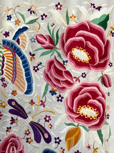 Antique Embroidered Bedcover Throw Curtain with Butterflies Florals Dragonflies: C20th Mexico