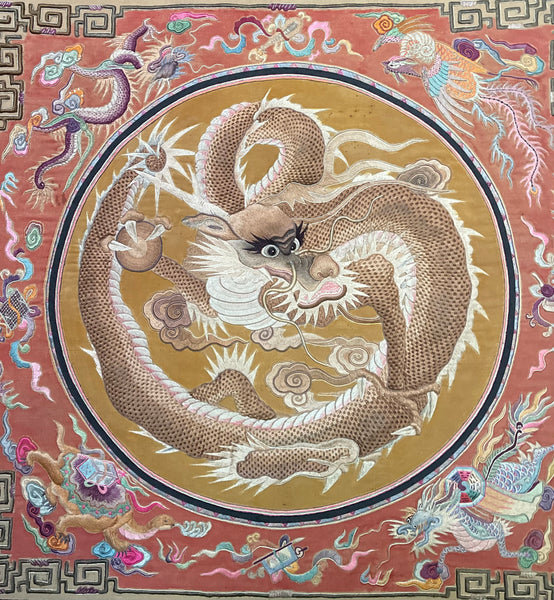 Extraordinarily Fine Stumpwork Embroidered Dragon Chasing Pearl: C1900 Asia