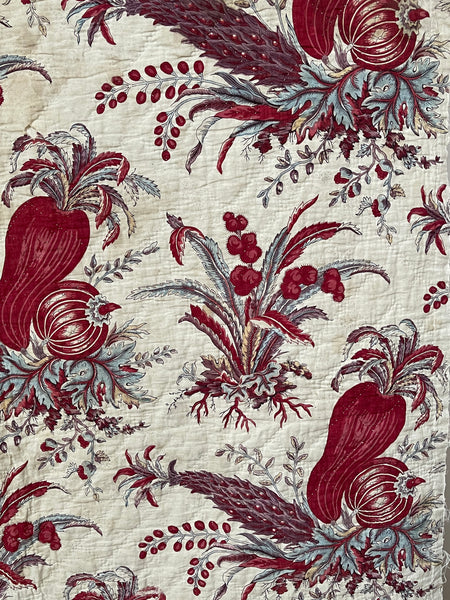 Rare Antique Indiennes Block Print Quilted Panel with Exotic Fruit and Foliage: C18th France