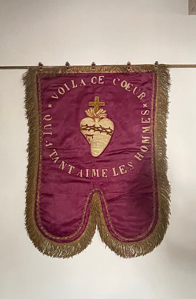 Antique Silk Embroidered Ecclesiastical Wallhanging Banner with Stumpwork Heart: C19th France