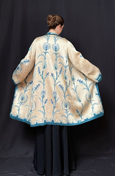 Art Deco Silk Embroidered Coat with Peacock Feathers: C1910 Britain