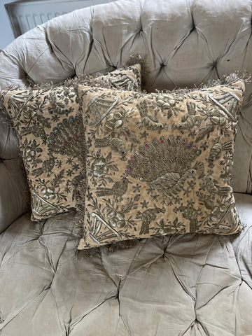 Pair Bespoke Cushions made with Antique Gold Thread Hand Embroidery: C19th India