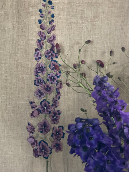 Hand Embroidered Linen Wallhanging with Delphiniums: C1930s Britain