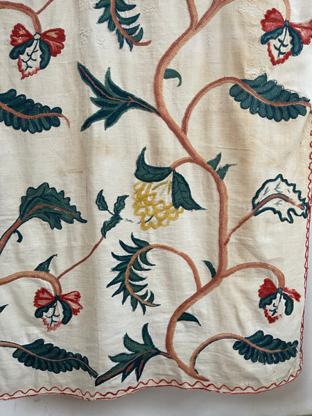 Original Antique Crewelwork Embroidered Bed Hanging: C18th Britain