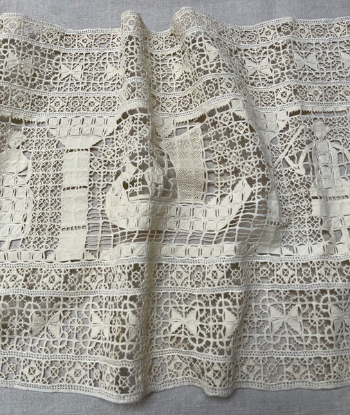 Antique Reticula Needlepoint Figurative Lace Panel Viking Ship: C1910 Europe