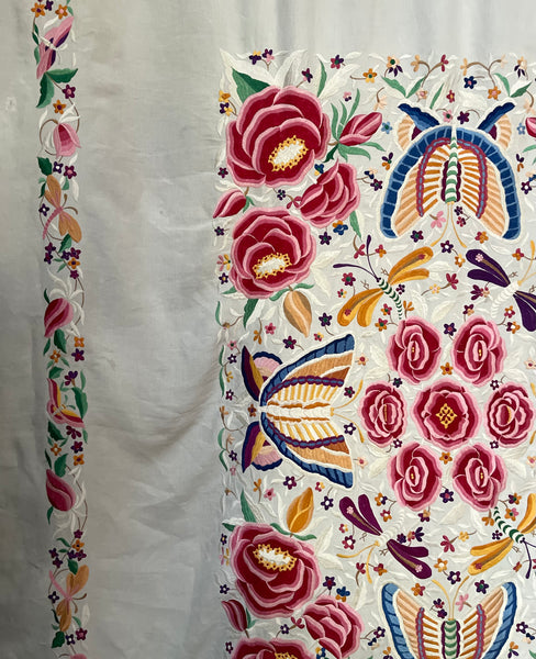 Antique Embroidered Bedcover Throw Curtain with Butterflies Florals Dragonflies: C20th Mexico