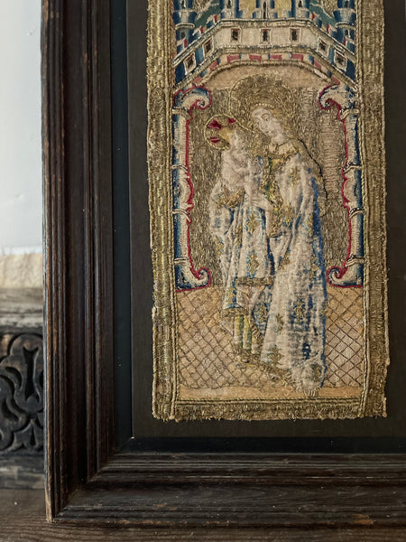 Antique Opus Anglicanum Medieval Orphrey Embroidery Madonna and Child: C16th England