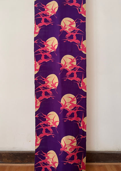 Art Deco era Printed Silk with Cranes Flying across Moon: C1920 Japan