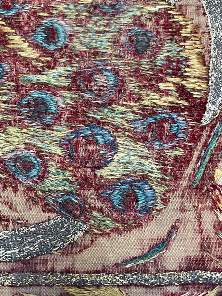 Early Silk and Metal Thread Embroidered Velvet Panel with Peacock and Flowers: C17th Italy or Spain