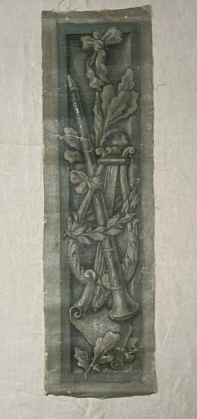 Pair Antique Trompe L’oiel Hand-painted Panels with Neo Classical Music Theme: C19th France