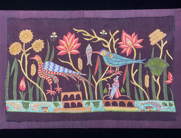 Antique Silk Embroidery with Houseboats, Birds and Florals: Late 19th, Srinagar, Kashmir, India