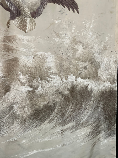 Museum Worthy Silk Embroidered Wallhanging with Waves Auspicious Sea Hawks: C19th Meiji Period, Japan.