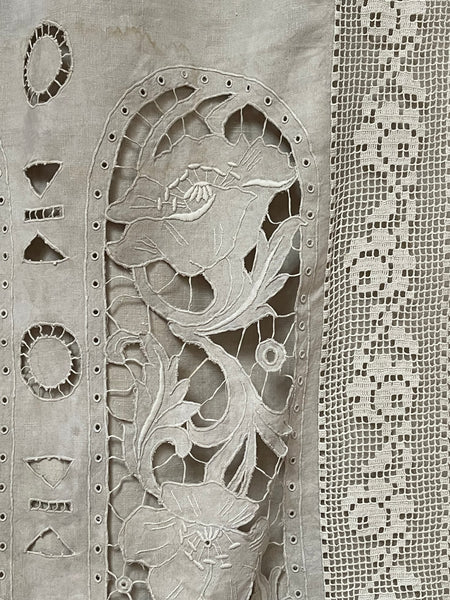 Antique Cutwork Embroidered Richelieu Lace Wallhanging Curtain Panel: C1900 - 1910 France