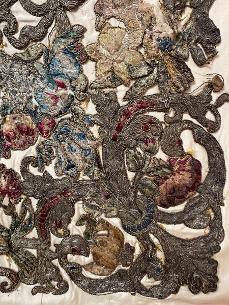 Antique Early Silk and Metal Thread Embroidered Appliqué Panel: C17th Britain