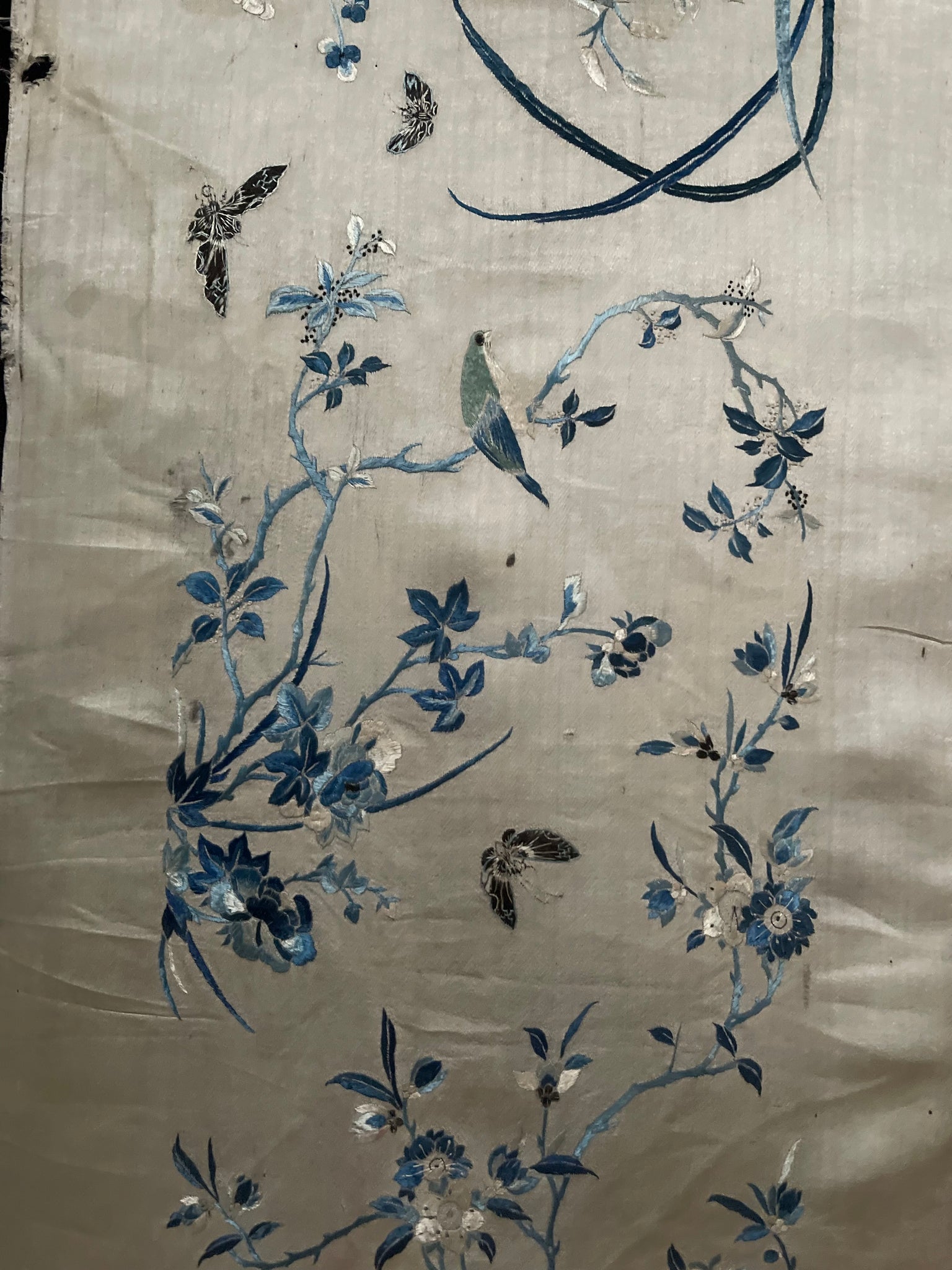 Fine Chinese Silk Embroidered Panel with Birds, Butterflies and Florals: C19th China