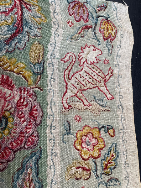Arts and Crafts Jacobean Revival Block Print Linen Panel with Animal Borders: C1910 England